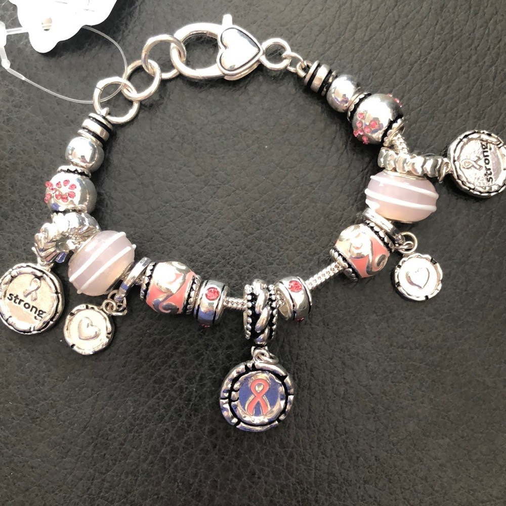 Pink ribbon beaded charm bracelet